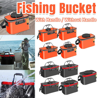 Live Bait Bucket with handle and without handle shown in various angles and settings.