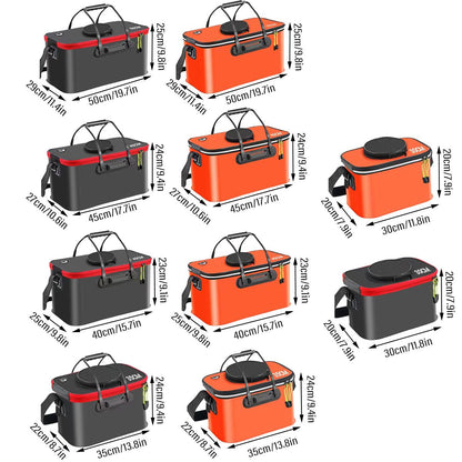 Set of black and orange Live Bait Bucket with dimensions labeled