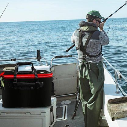Man fishing on a boat with a Live Bait Bucket