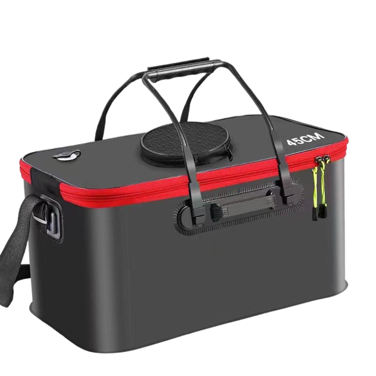 Black and red Live Bait Bucket box with handle and shoulder strap on a white background