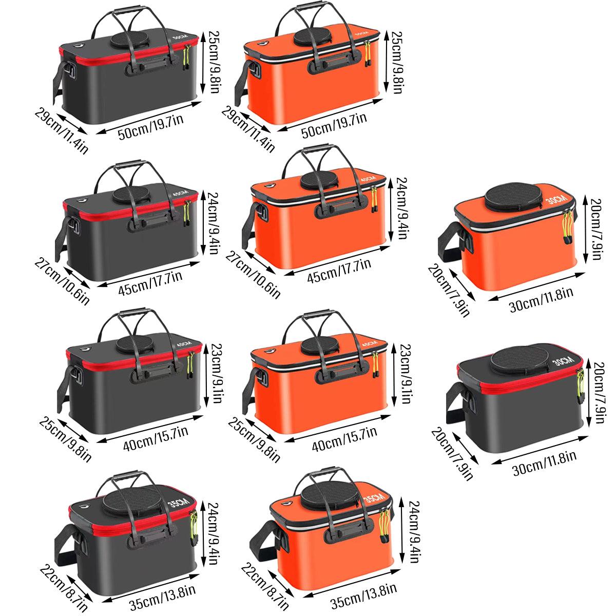 Set of black and orange Live Bait Bucket with dimensions labeled