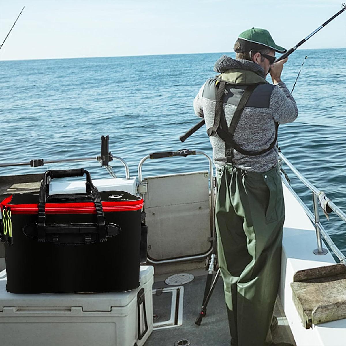 Man fishing on a boat with a Live Bait Bucket and tackle box.