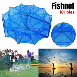 Hand Casting Fishing Net with 10 holes, shown open and folded, with people using it and a sunset scene.