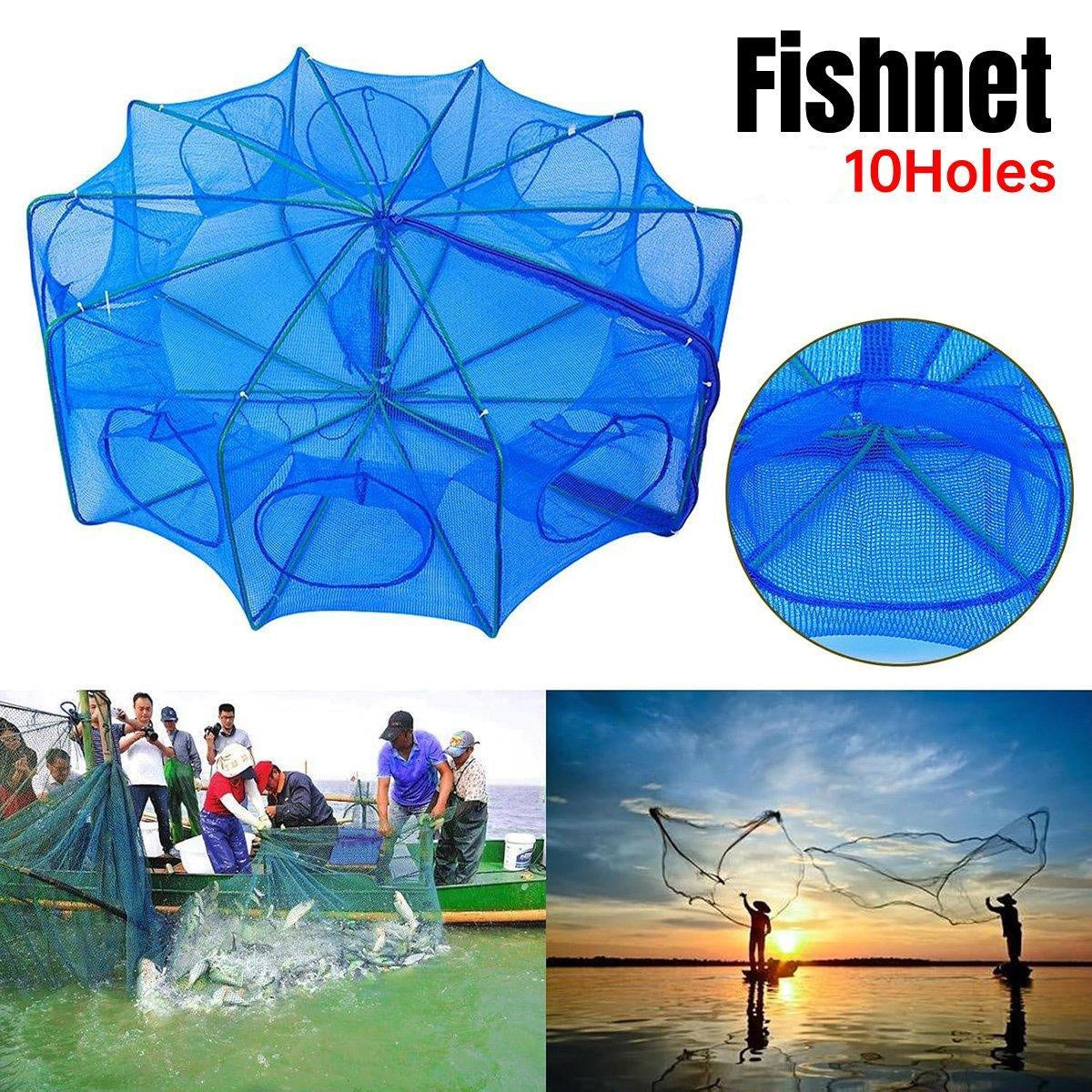 Hand Casting Fishing Net with 10 holes, shown open and folded, with people using it and a sunset scene.