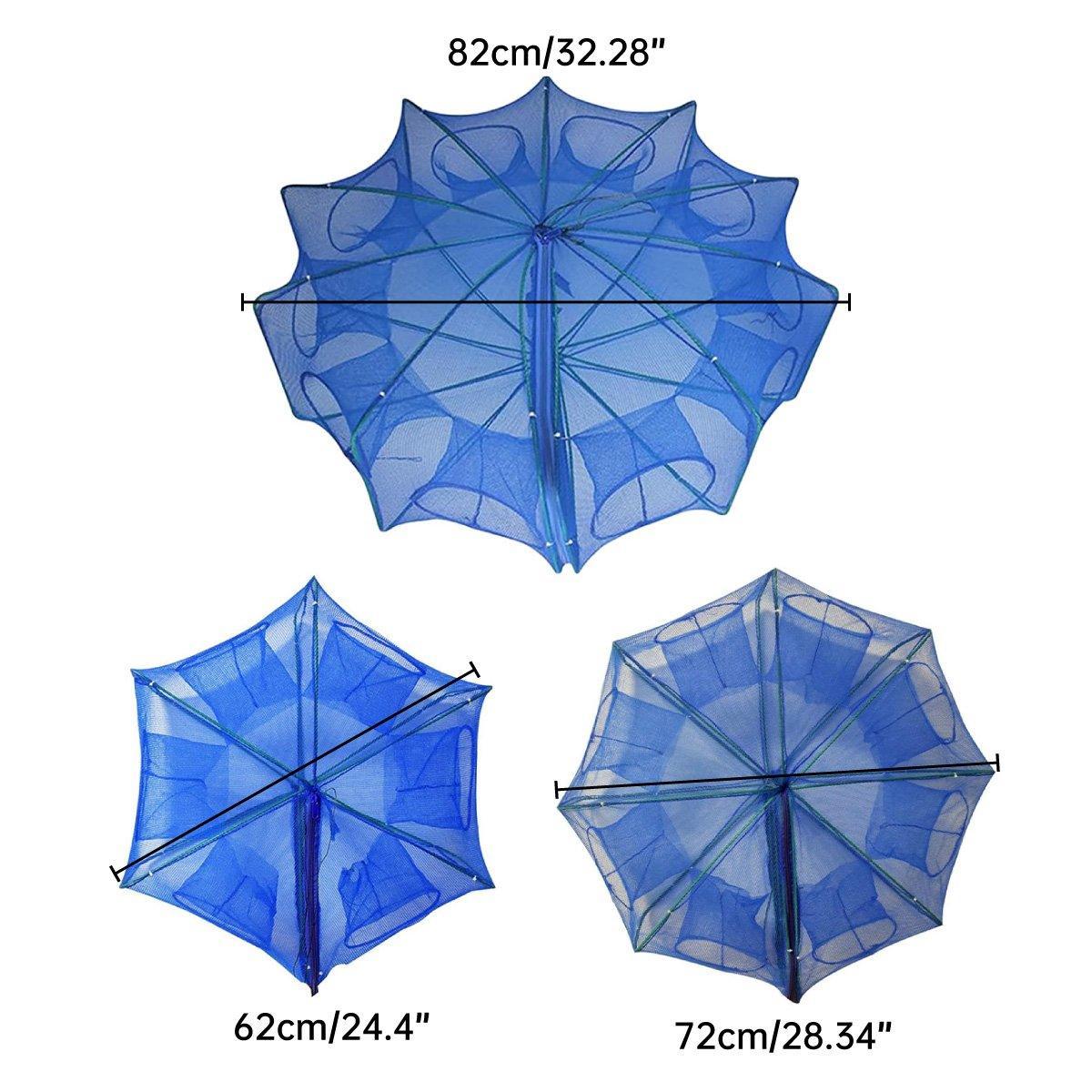 Three blue Hand Casting Fishing Net with measurements on a white background