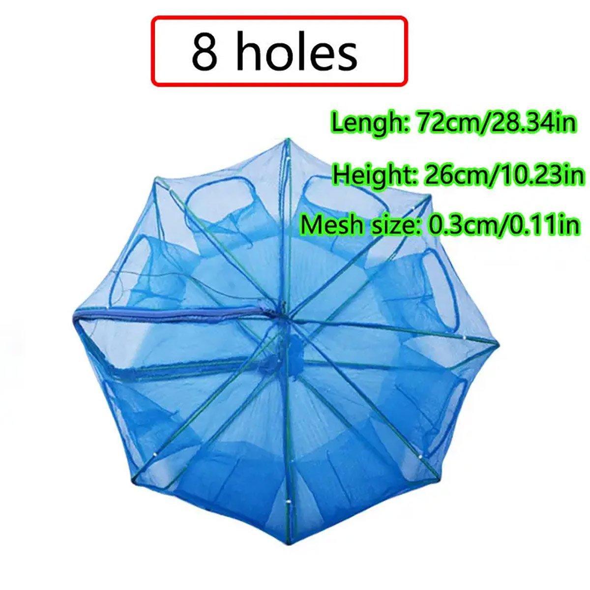 Blue fishing net with dimensions and hole count on a white background