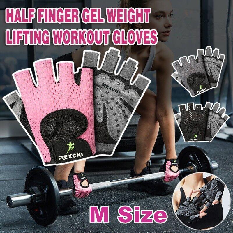 Pink and black half-finger workout gloves with REXCHI branding, shown on a person lifting weights.