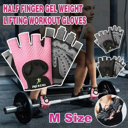 Pink and black half-finger workout gloves with REXCHI branding, shown on a person lifting weights.