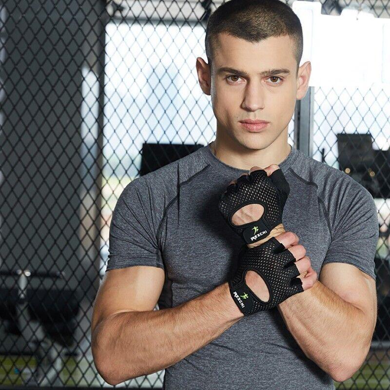 Man wearing a black boxing glove in a gym setting