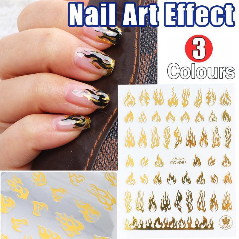 3D Flame Nail Stickers Fire Design Manicure Decals Self Adhesive Nail Art Sheet - Gold