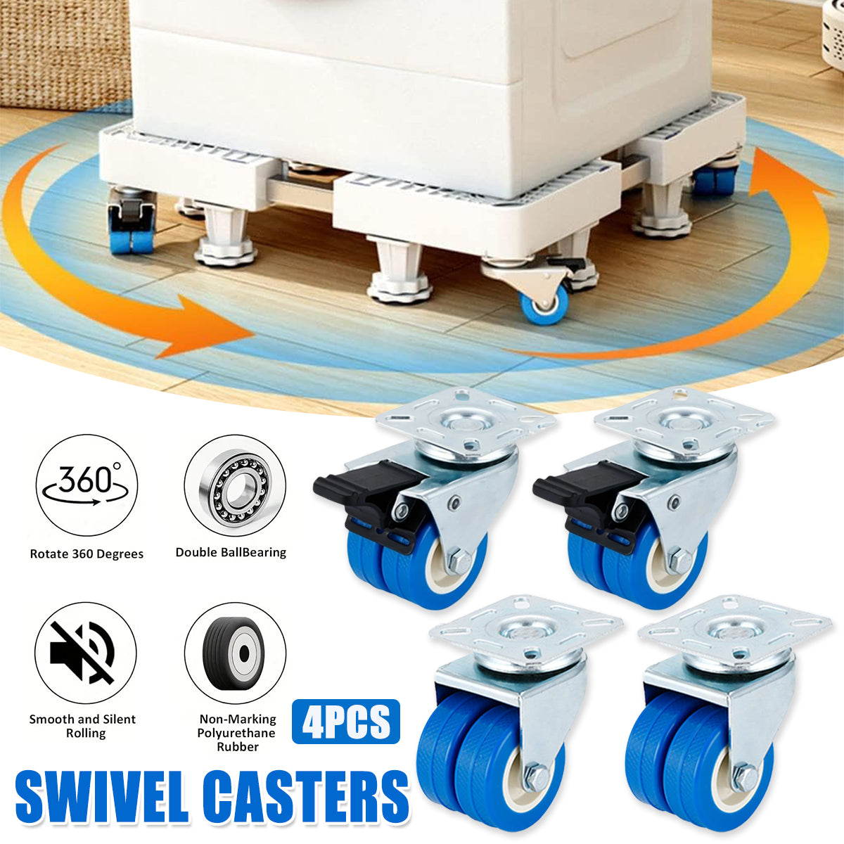 Swivel casters with blue wheels on a wooden floor, showing their features and benefits.