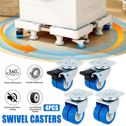 Swivel casters with blue wheels on a wooden floor, showing their features and benefits.