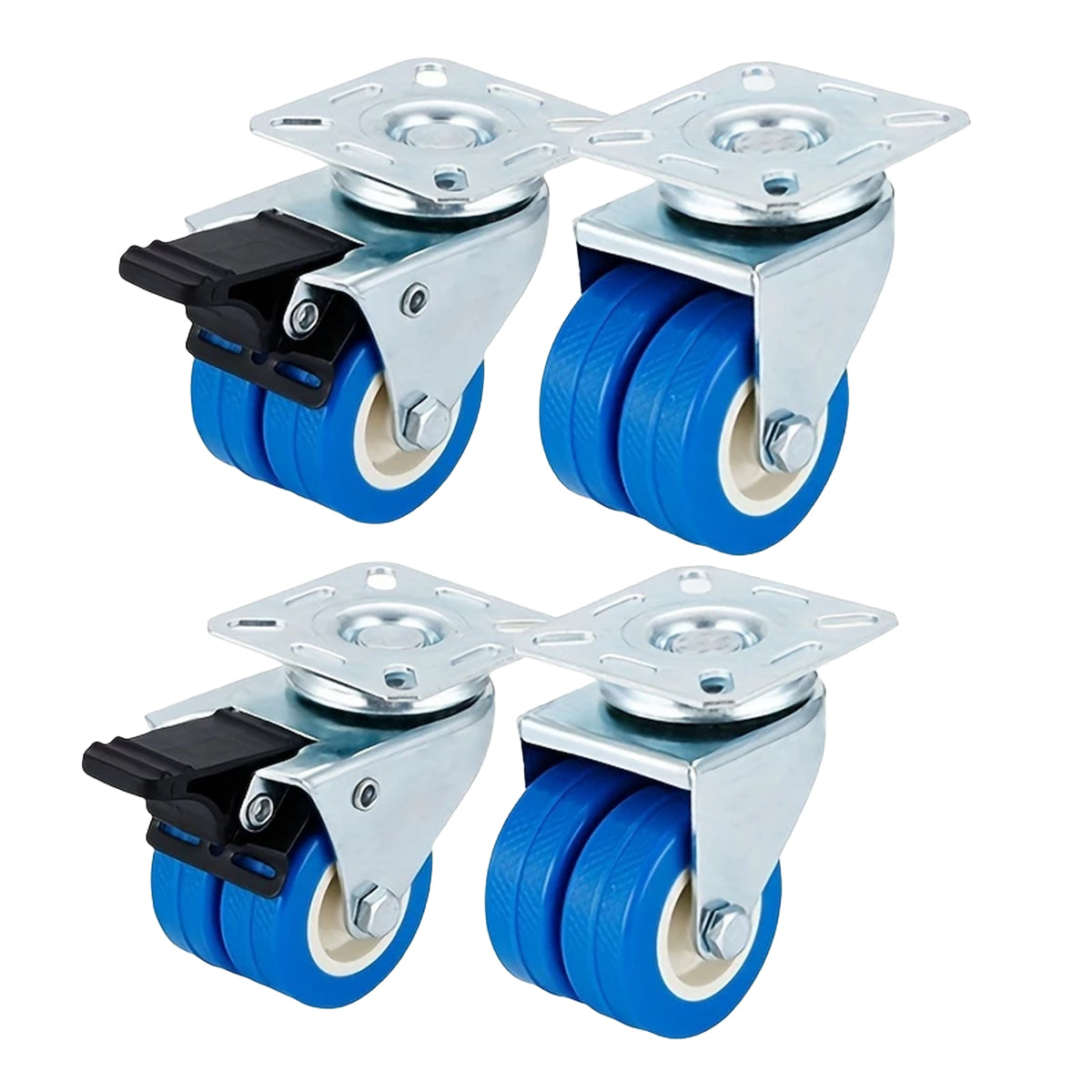 Two sets of blue caster wheels with metal brackets on a white background