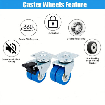 Caster wheels with features including rotate 360 degrees, lockable, double ball bearing, smooth silent rolling, and non-marking polyurethane rubber.