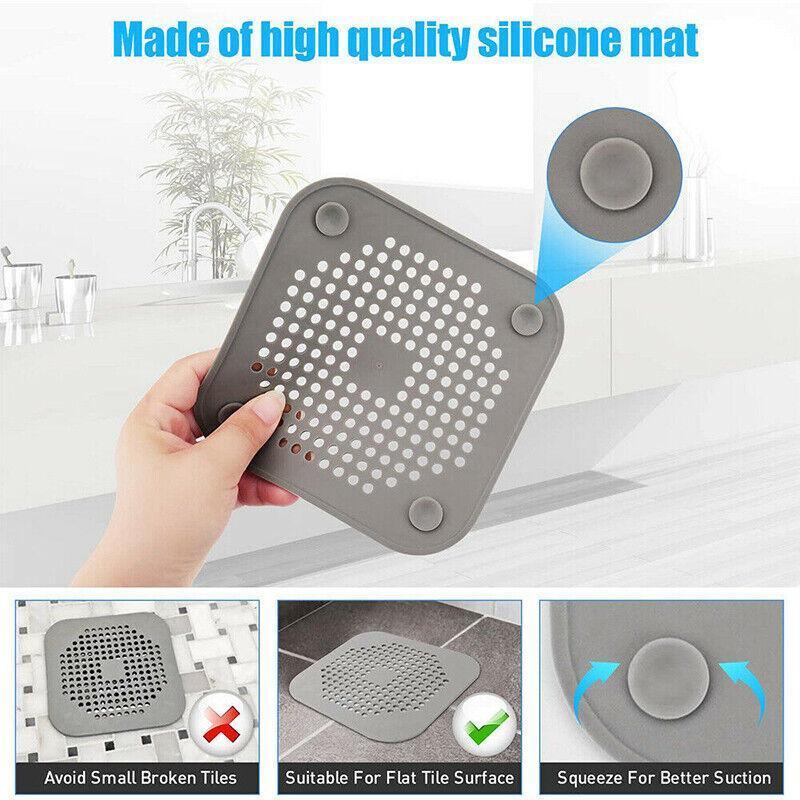 2X Square Drain Cover For Shower Drain Hair Catcher Flat Silicone Plug For Bath - Grey