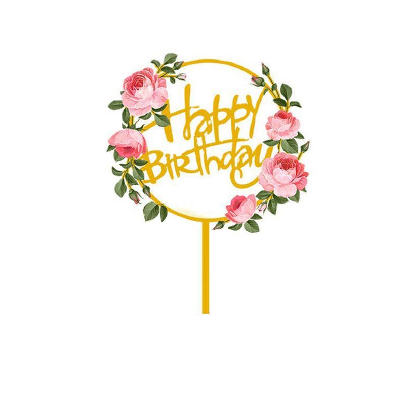 Happy Birthday Anniversary Wedding Cake Flowers Topper Acrylic Party Decorations - NO.03