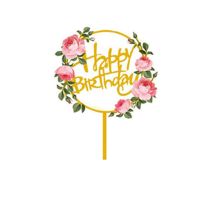 Happy Birthday Anniversary Wedding Cake Flowers Topper Acrylic Party Decorations - NO.03