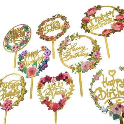 Happy Birthday Anniversary Wedding Cake Flowers Topper Acrylic Party Decorations - NO.05