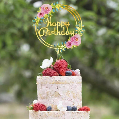 Happy Birthday Anniversary Wedding Cake Flowers Topper Acrylic Party Decorations - NO.05