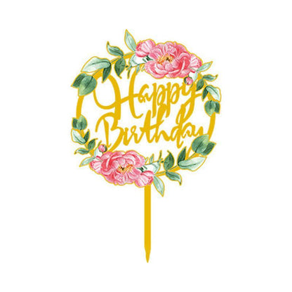 Happy Birthday Anniversary Wedding Cake Flowers Topper Acrylic Party Decorations - NO.05