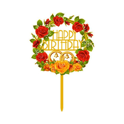 Happy Birthday Anniversary Wedding Cake Flowers Topper Acrylic Party Decorations - NO.06