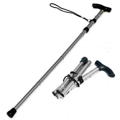 Folding Walking Stick Travel Cane Adjustable Height 82 to 92cm Aluminium Anti Slip - Brown