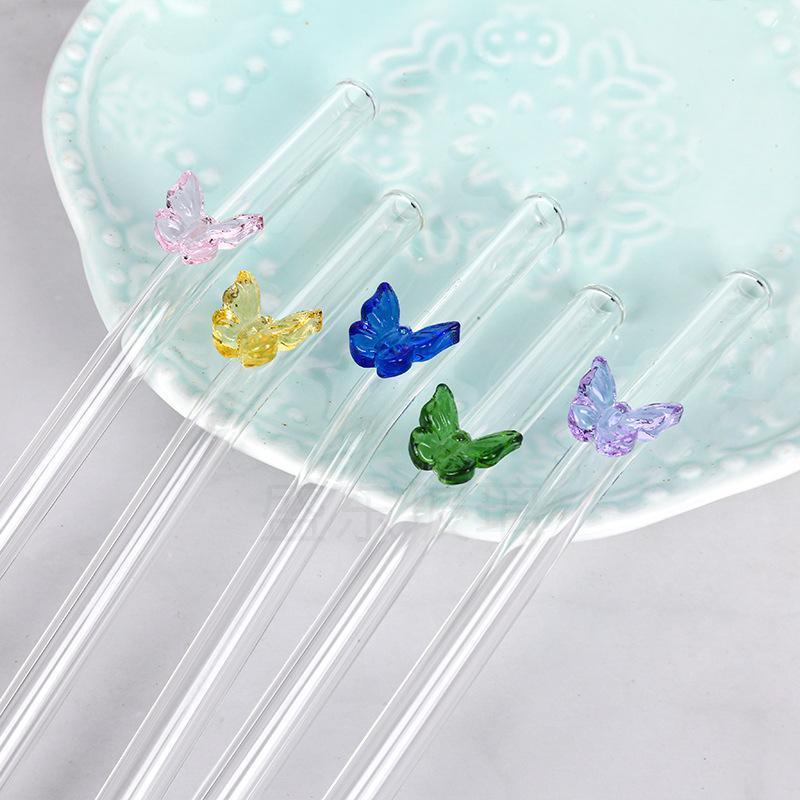 8pcs Colourful Butterfly Glass Straw Reusable Heat Resistant Proof MultiColours