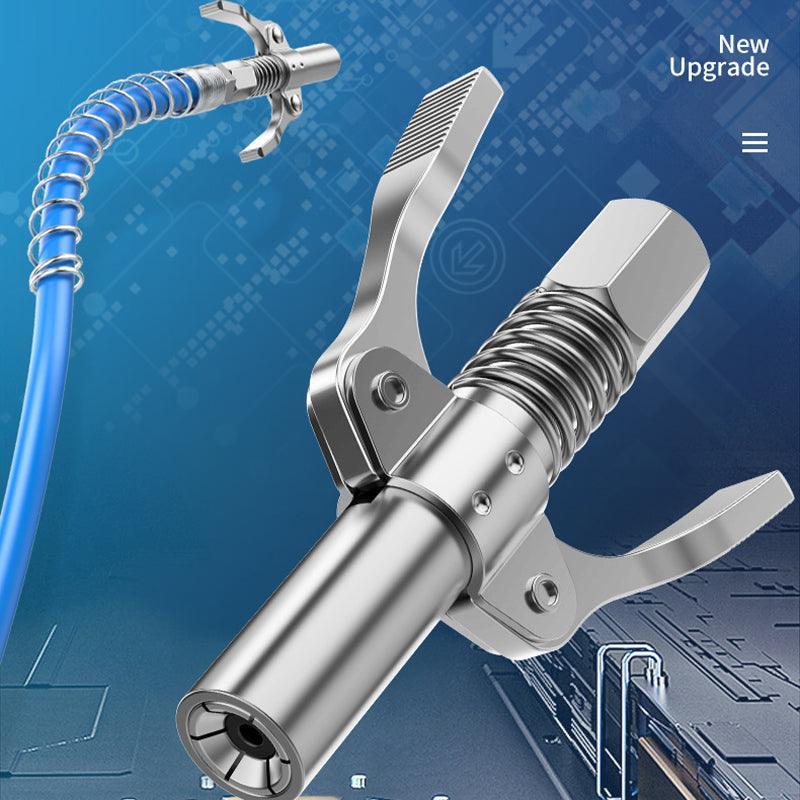 Metallic valve with blue hose on a technical background