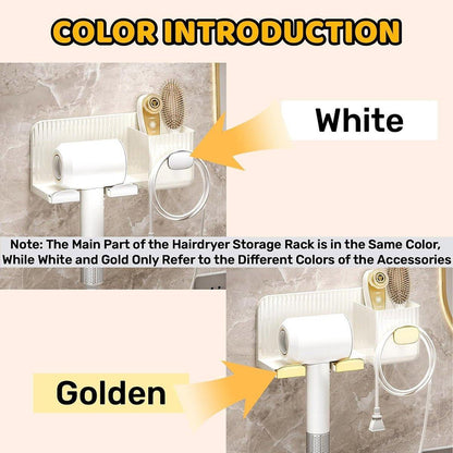 Hair Dryer Holder Rack Plastic Wall Mount No Drill Bathroom Organizer Storage - Gold