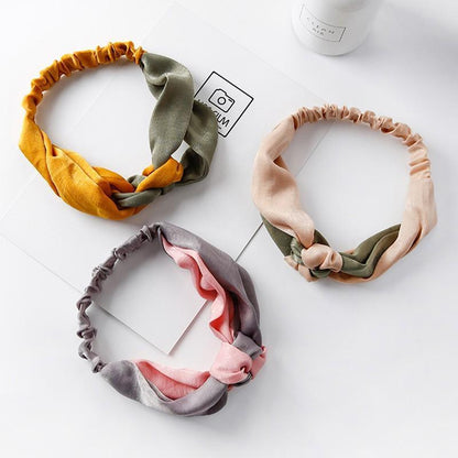 Women Chiffon Floral Print Headband Fashion Bohemian Elastic Cross Hair Bands - A-Green
