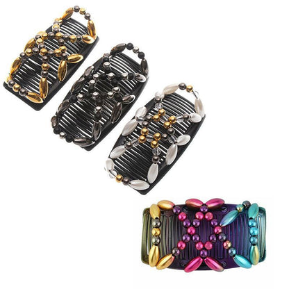 Beaded Stretchy Easy Magic Hair Comb Elastic Double Hair Clip Hair Accessories - Gold
