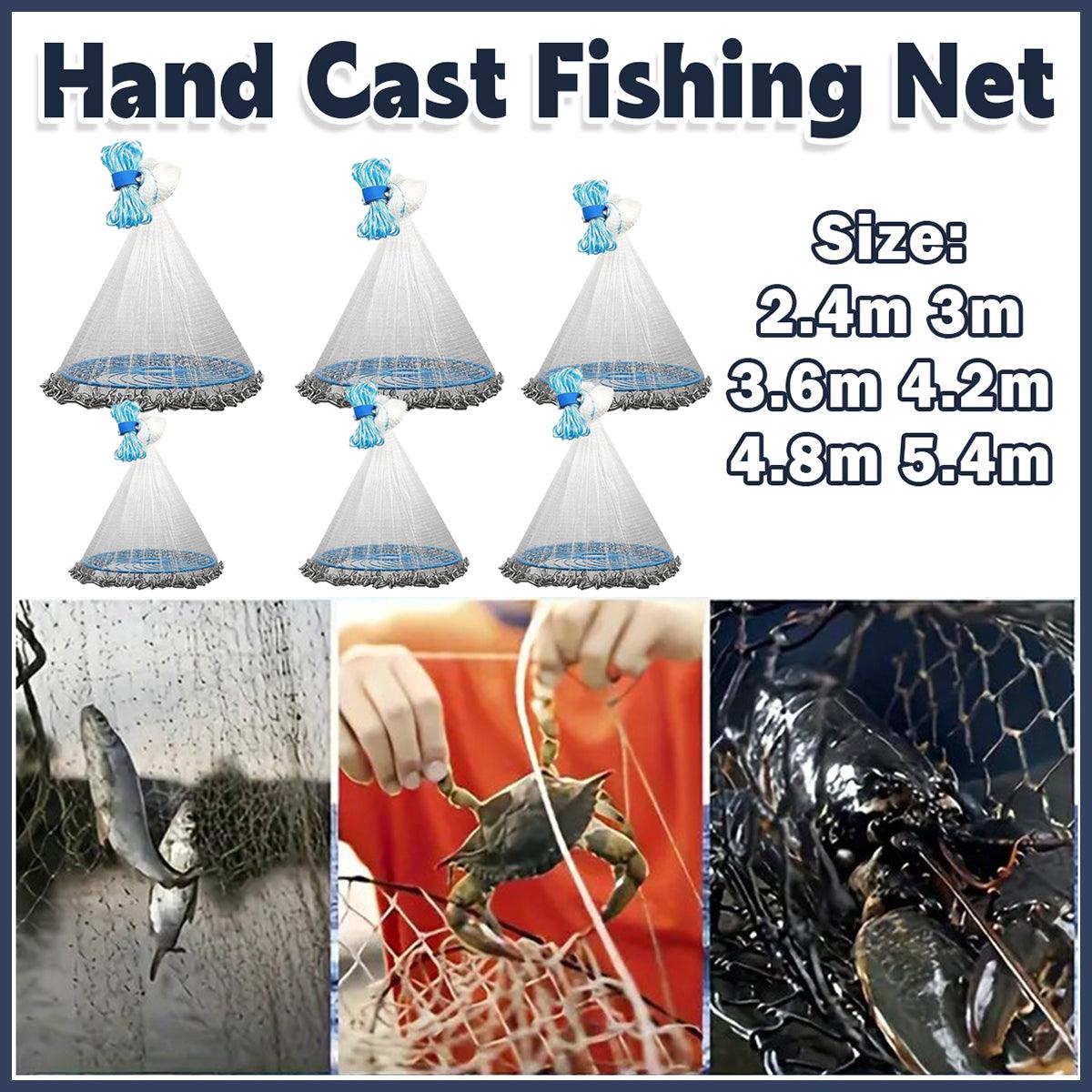 Hand casting fishing net with size options and images of usage and catch.