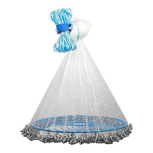 Hand Casting Fishing net with blue handle and rim on a white background
