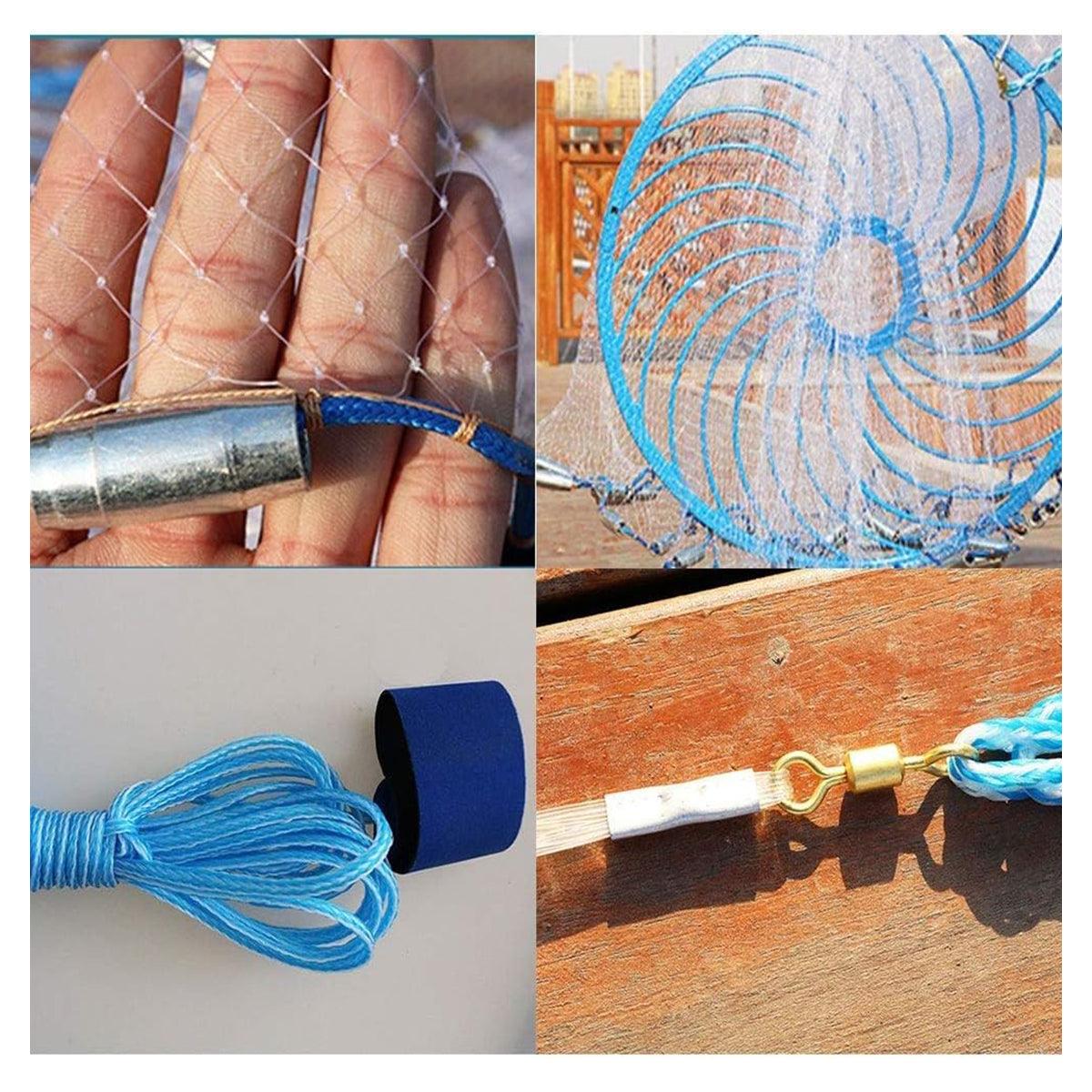 Collage of a Hand Casting fishing net, reel, and line on a wooden surface.