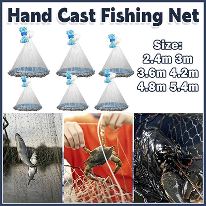Hand cast fishing net with size options and images of usage and catch.