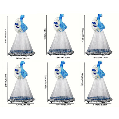 White and blue dress with peacock design and measurements on a white background