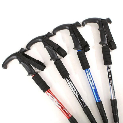 Folding Walking Stick Telescopic Adjustable Antishock Hiking Grip Pole Trekking - Red