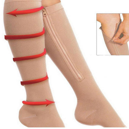 Zip Sox Compression Socks Zipper Leg Support Knee Open Toe Shaper Stockings Beige - XXL