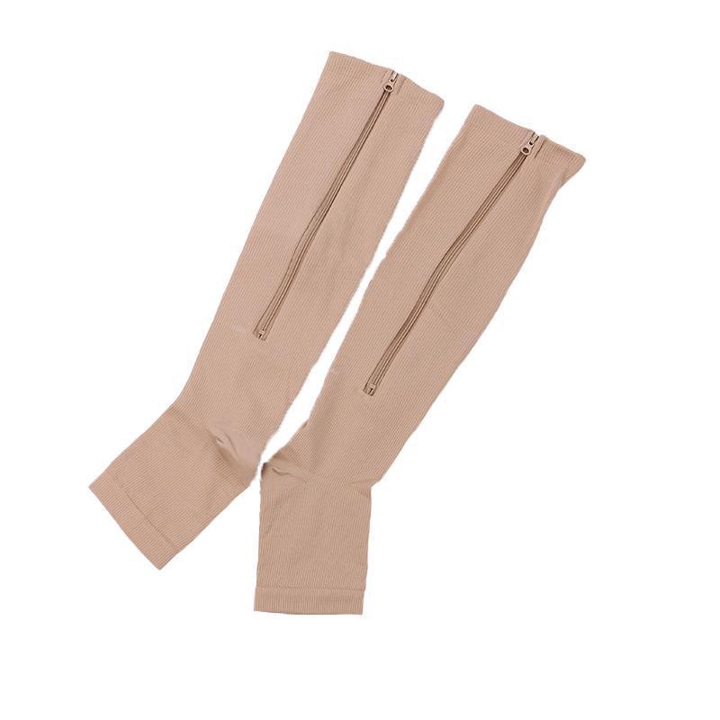 Zip Sox Compression Socks Zipper Leg Support Knee Open Toe Shaper Stockings Beige - XXL