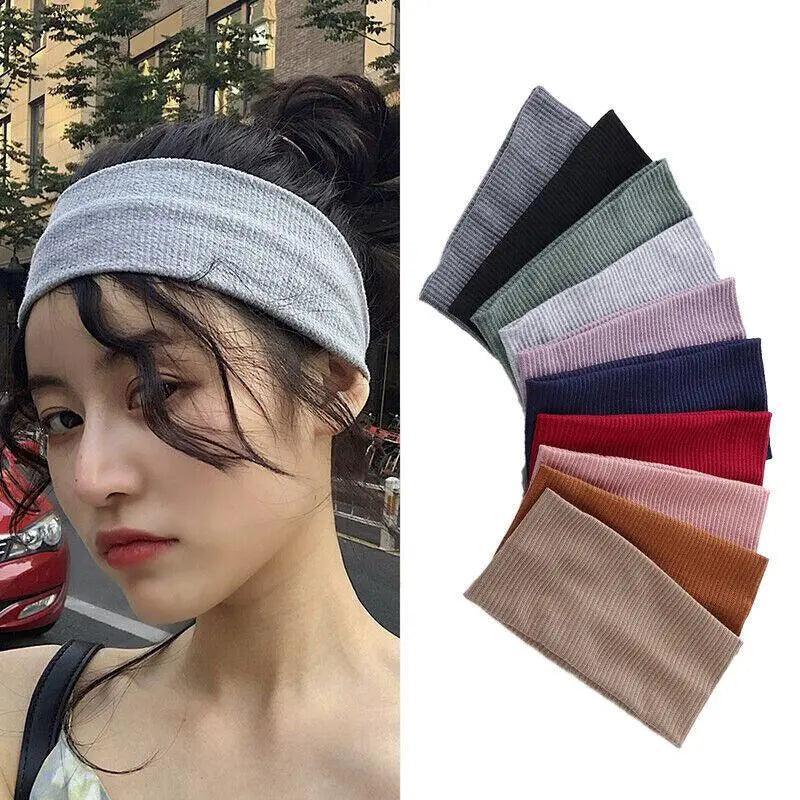 Women Headband Solid Wide Turban Knitted Cotton Hairband Girls Elastic Hair Band - Dark Grey