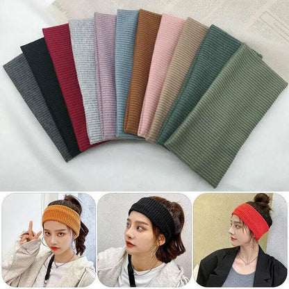 Women Headband Solid Wide Turban Knitted Cotton Hairband Girls Elastic Hair Band - Green