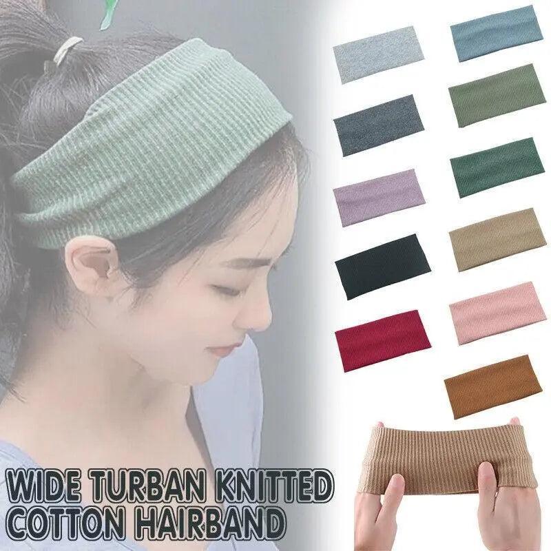 Women Headband Solid Wide Turban Knitted Cotton Hairband Girls Elastic Hair Band - Pink
