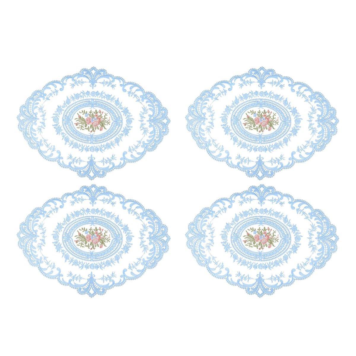 4 Pack Retro Lace Oval Placemats 31x42cm French Crochet Doilies 4 Colors Set - Sky Blue
