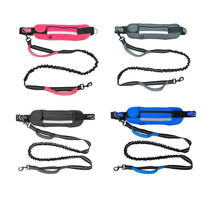 Adjustable Hands Free Dog Leash Lead + Waist Bag Belt Jogging Walking Running - Black+Grey