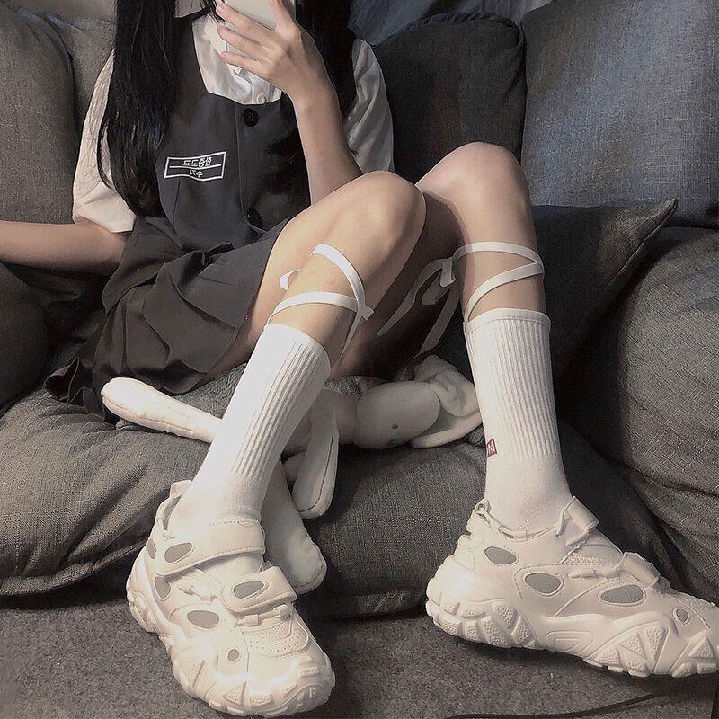 Cross-Tie Women Lolita Socks Bandage Stockings Korean Style Middle Tube Socks - Black+Black