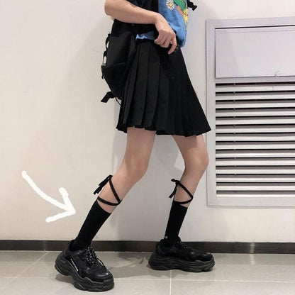 Cross-Tie Women Lolita Socks Bandage Stockings Korean Style Middle Tube Socks - White+White