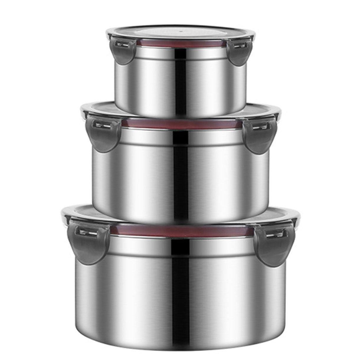 3PCS Stainless Steel Sealed Crisper Storage Box with Lid Round Food Lunch Box - Black