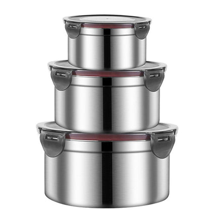 3PCS Stainless Steel Sealed Crisper Storage Box with Lid Round Food Lunch Box - White