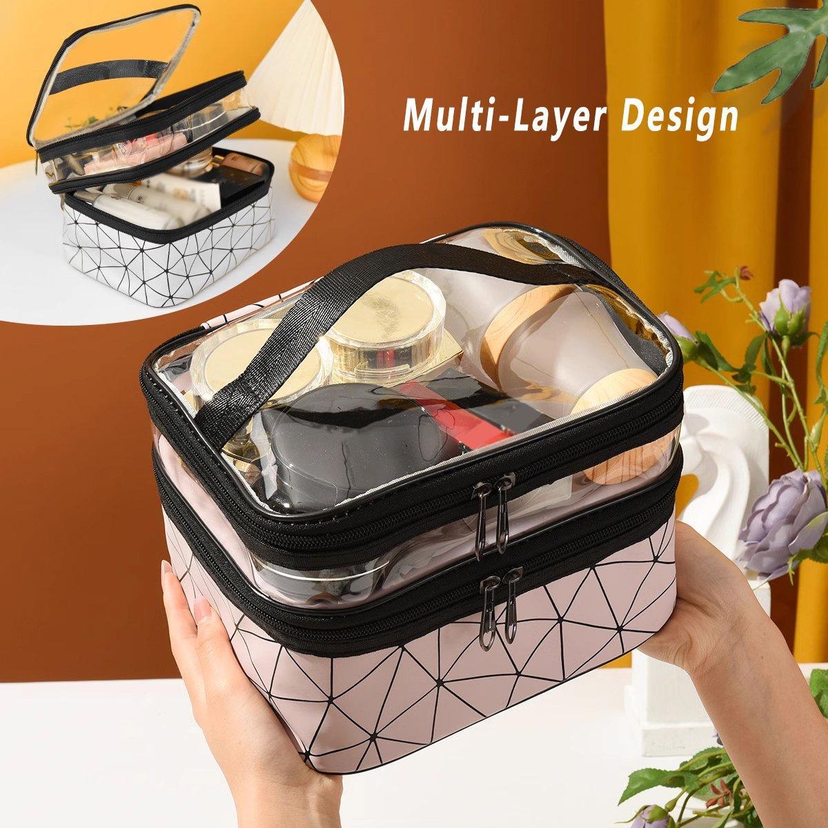 Portable Double-Layer Large Capacity Waterproof Cosmetic Bag Travel Toiletry Bag - Pink