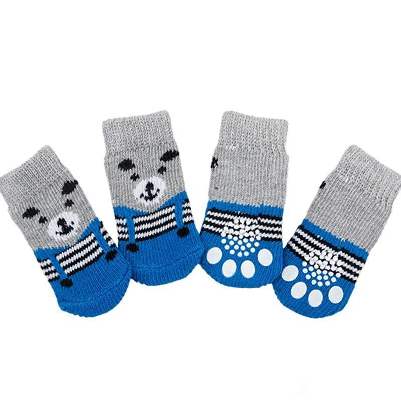 Non Slip Pet Socks for Dogs and Cats Knitted Paw Protector with Grips L Size - Red bear
